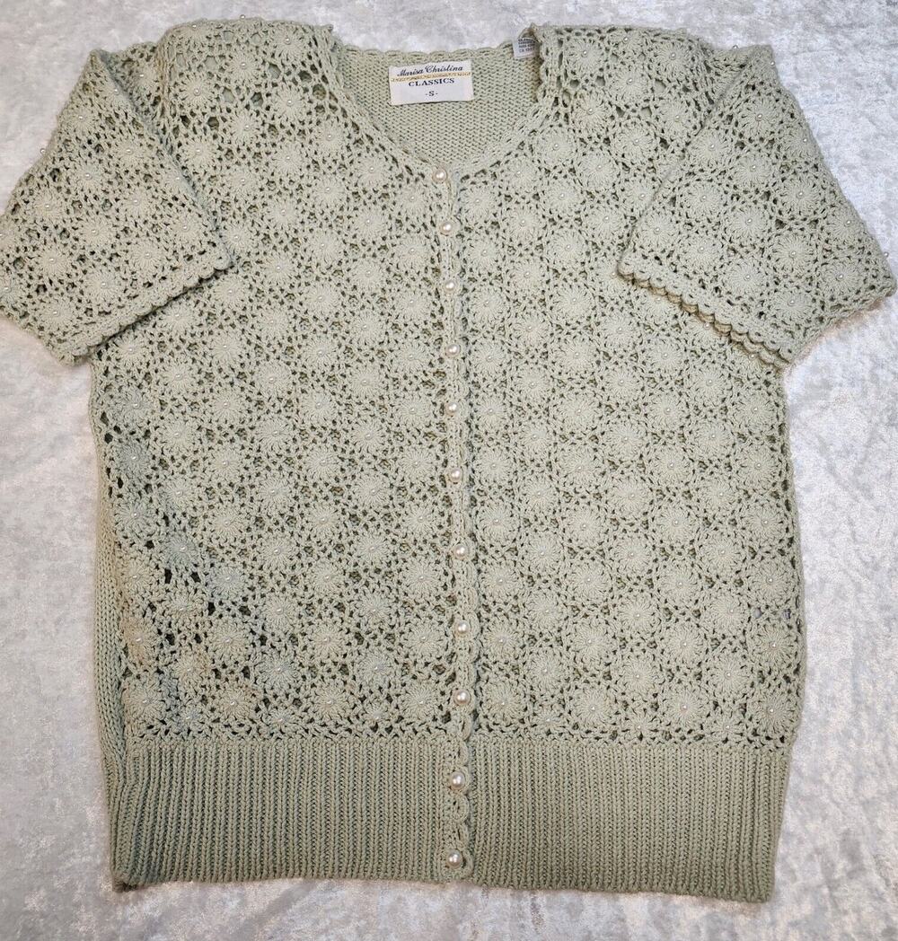 Vintage Marisa Christina Classics Womens Green Knit Cardigan Sweater-Size Small
